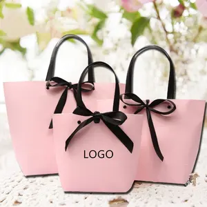 Tas Hadiah Kertas Pita Unik Pink Logo Kustom dengan Pegangan Tas Belanja