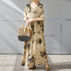 2025 Boho Chic coton <span class=keywords><strong>Maxu</strong></span> robe imprimé fleuri col rond robe taille unique a-ligne balançoire robe pour le bureau d'été et les vacances - Product Image 2