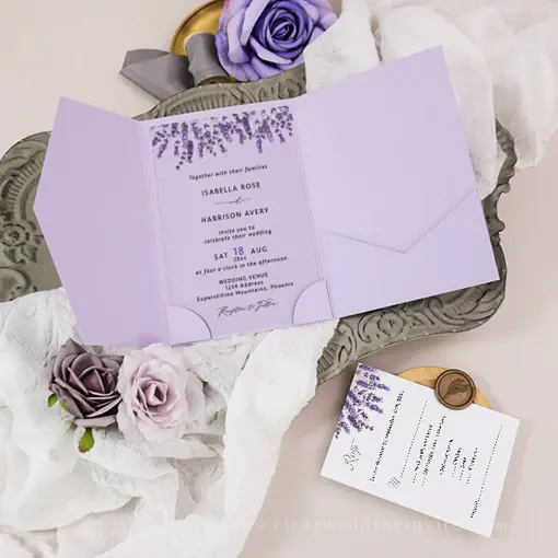 Lüks ciltli tasarımlar çiçek lavanta mor akrilik düğün davetiyeleri quinceanera için zarflı kart ve mühür mumu
