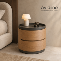 Mesita de Noche Redonda Moderna de Madera con Dos Cajones y Bandeja Superior Elevada, en Roble Natural, para Dormitorios de Hotel y Villa