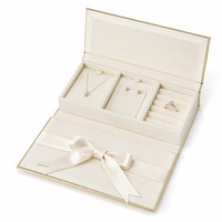 Boîte Cadeau Bijoux Blanc Ivoire 3 Compartiments Présentoir Collier Boucles d'Oreilles Bague Feuille d'Or Emballage Mariage Mariée Vente en Gros