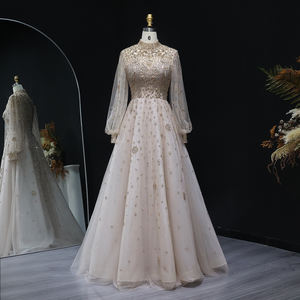 Jancember LSZ083 мусульманское вечернее платье цвета шампанского с высоким воротником и расклешенными рукавами - Product Image 1