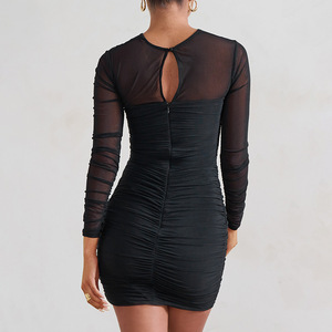 Robe moulante courte à manches longues, style européen et américain, avec décolleté croisé ajouré et translucide, pour soirée - Product Image 4