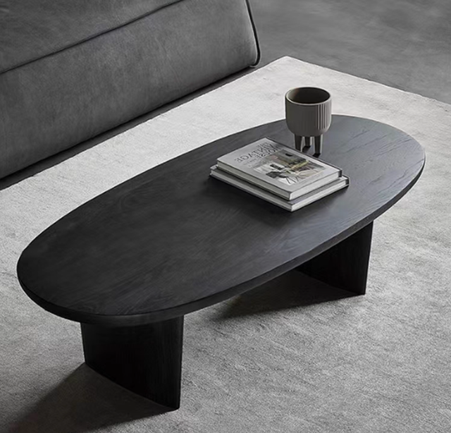 Black Wooden Coffee Table Set Tea Table Rustic Oval Shaped Light Luxury for Small Apartment Living Room