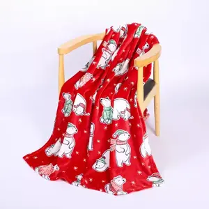 厂家直销100% 涤纶红色可爱白熊雪动物设计法兰绒定制毛毯印花