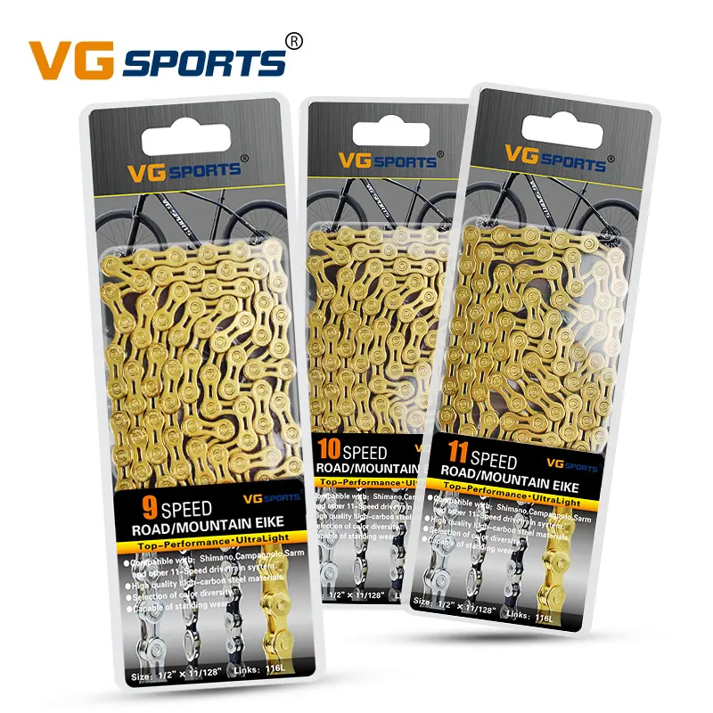 VG Sports 9 10 11 Speed Cycling Chain Bicycle Chain Half Hollow Coating Ti Gold MTB Road Bike Chains 116L