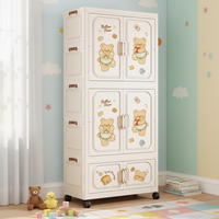 Armoire pliable pour enfants en plastique PP 68,5*36,5*165,5 cm, 3 niveaux, avec roulettes, motif dessin animé