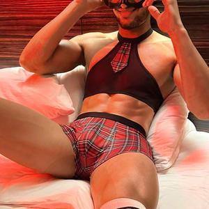 UXX-0366 <span class=keywords><strong>Sexy</strong></span> Costumes de Cosplay Lingerie pour Hommes Noël <span class=keywords><strong>Homme</strong></span> Transparent Carreaux Sous-vêtements Uniforme en Résille Lingerie - Product Image 1