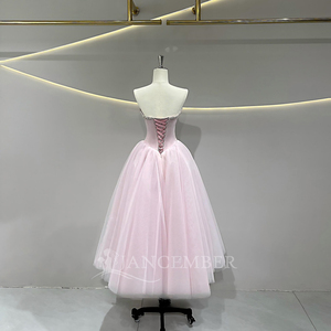 JFH76 ชุดราตรีสีชมพูเรียบง่าย คอเรือ ประดับคริสตัล สำหรับงานปาร์ตี้หรืองานทางการ พร้อมเชือกผูกด้านหลัง - Product Image 2
