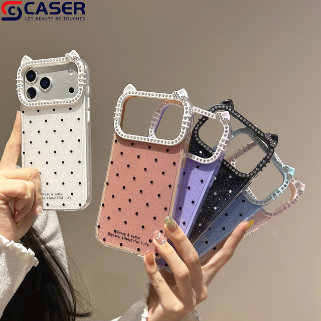 Cartoon Glitter Polka Dot  2 In1 Phone Shell for Iphone11promax 12 13 Cute Diamonds KT cat Camera Frame Cases for 17 18promax