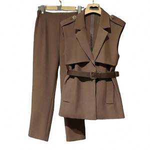 Women’s elegant lapel collar sleeveless top paired perfectly with high waist straight leg <b>pants</b>, blending sophistication - Product Image 4