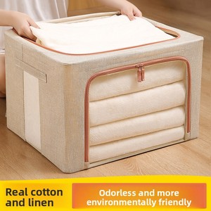 Boîte de rangement pour vêtements et couettes en coton et lin, grande capacité, pliable, anti-poussière, <span class=keywords><strong>double</strong></span> couvercle rabattable, 60L-70L, épaisse et durable - Product Image 4