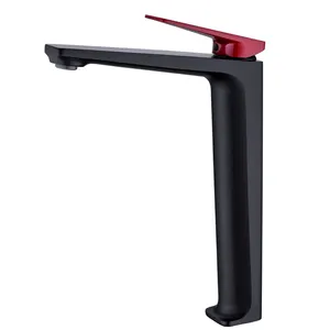 Matte Red and Black Jump Color Copper Mixer Basin Faucet Push Button Basin Mixer High Water Tap for Counter Top Basin