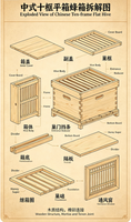 Colmena Plana de 10 Cuadros Estilo Chino, Madera Maciza, Colmena de Apicultura con Cera de Abeja