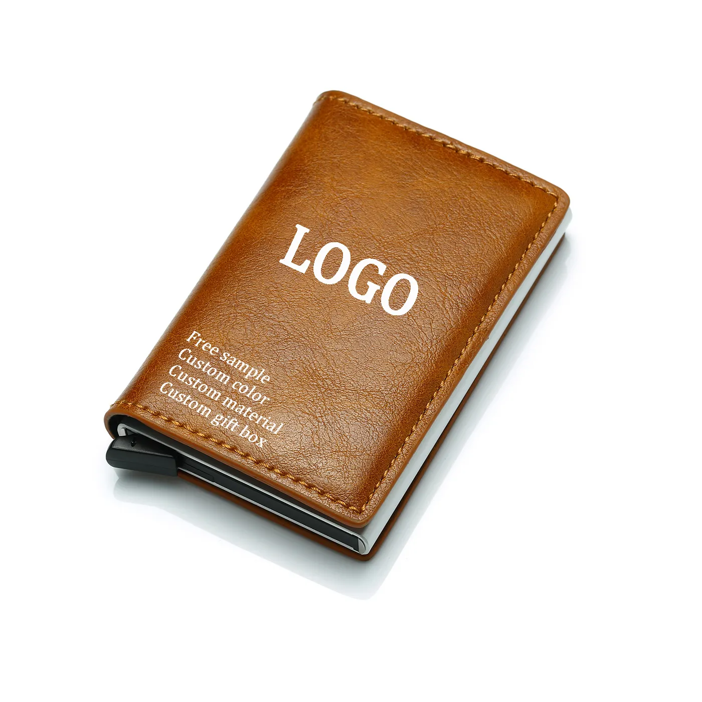 Pop Up PU Leather Metal Wallet RFID Blocking Automatic Aluminium Credit Card Holder Custom