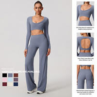 Ensemble de sport imprimé 2 pièces pour femme : Haut dos nu à col ras du cou et leggings évasés taille haute (Spandex/Nylon)