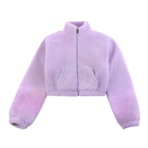 Chaqueta corta de lana sherpa lila personalizada con cremallera, cuello alto, manga larga, bolsillos frontales, ropa de abrigo de boutique de moda para mujer - Product Image 1