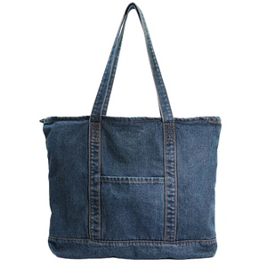 Sherwin Denim <b>Canvas</b> Medium Tote <b>Bag</b> Long Handle Zipper Closure Personalized <b>Black</b> White Striped Custom Letter Printing Design - Product Image 1