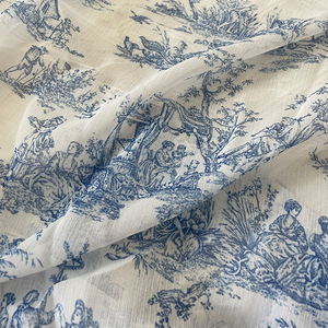 <b>Chiffon</b> Crepe Printed Fabric Blue <b>White</b> Porcelain French Retro Digital Printing 65gsm Shirt Dress Fashion Trim Fabric - Product Image 1