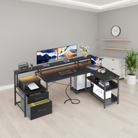 Bureau d'ordinateur modulaire en bois en forme de L, grand format, avec éclairage LED, design ergonomique d'angle, support pour moniteur et armoire de rangement Simple Century