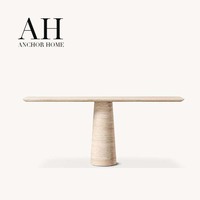 Table à manger élégante et moderne en travertin, piédestal conique, pierre beige, bord arrondi, pour salon, pièce maîtresse de la maison, personnalisable OEM