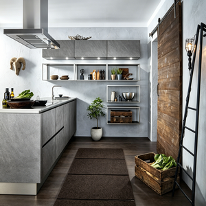 Meubles de cuisine industriels modernes style loft, noir mat et blanc, unités géométriques, étagères vitrées, éclairage LED intégré - Product Image 5