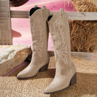 Bottes Western Rétro en Daim Brodé à Bout Pointu, Doublure en Maille, Confortables, à Talon Carré et Montantes pour Femme