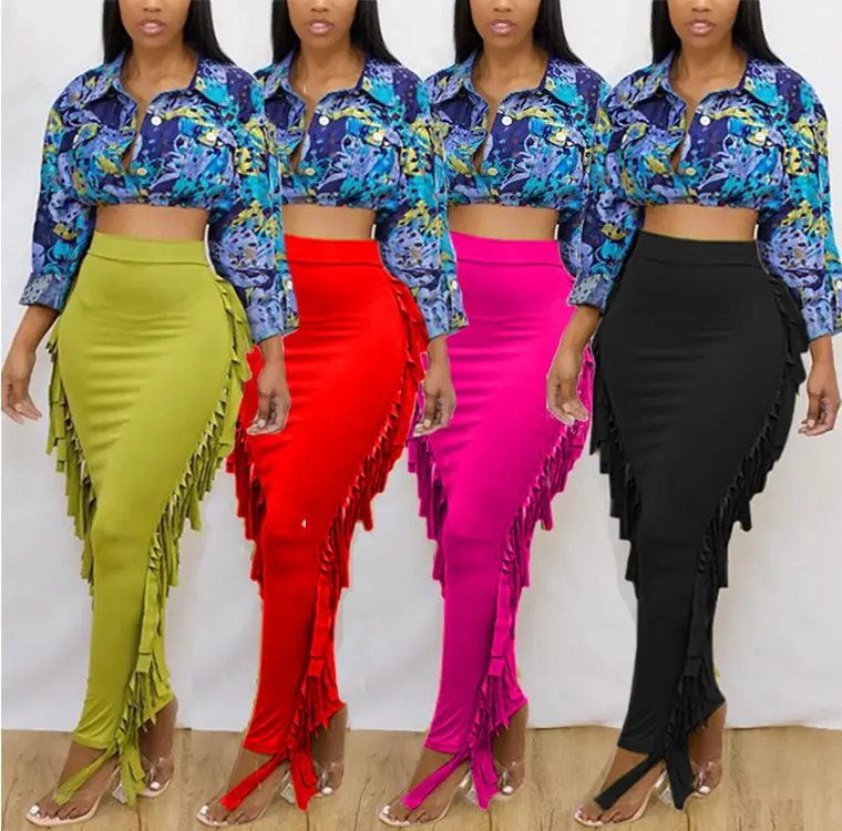 New Fashion Tassel Autumn Streetwear Solid Color High Waist Tight Maxi Skirt Women Casual Tassel maxi skirt