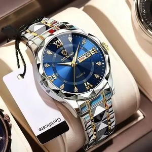 Montre pour homme de qualité supérieure OEM ODM à deux tons, bracelet en acier inoxydable, incrustation de cristaux, étanche, lumineuse, double calendrier, quartz - Product Image 6