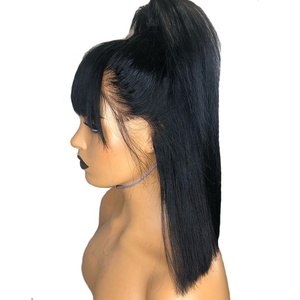 Faux Cuir Chevelu Demi-Queue Droite Bob Brésilienne Cuticule Alignés <span class=keywords><strong>Cheveux</strong></span> 360 Dentelle Frontale Perruques Avec Bang - Product Image 2