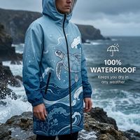 Jubah Pantai Berkerudung Motif Ombak Laut Biru, Tahan Air, Tahan Angin, Ponco Selancar untuk Berenang