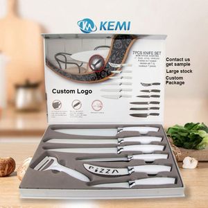 Juego de Cuchillos de Cocina de Acero Inoxidable Blanco y Negro de 7 Piezas en Oferta, Cuchillo de Chef con Mango de Malla, Cuchillo para Queso, Cortador de Verduras con Caja de Regalo - Product Image 1