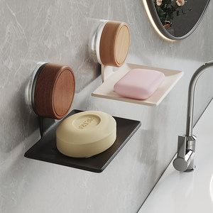 Support mural porte-savon en bois avec plateau auto-drainant à ventouse, design minimaliste pour salle de bain - Product Image 3