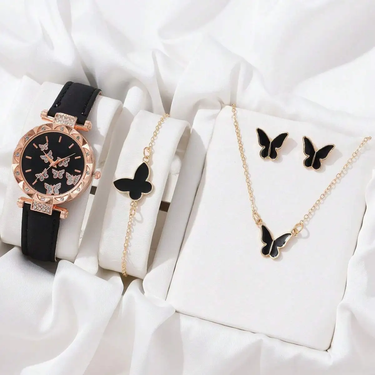5 Stück Luxus Damen Armbanduhren Kristall Armband Ohr stecker Halskette Set Damen uhr Casual Quarz Armbanduhr Set