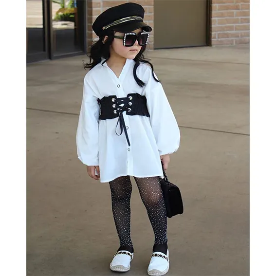 Toddler Girl White Shirt Dress with Black Belt Cute children clothes girls 7-8 Outfit Long Sleeves Kid Girl Top Blouse