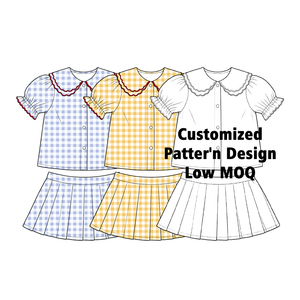Conjunto de falda y top de manga corta para niñas, conjunto de falda a cuadros, blusa con botones y cuello Peter Pan para fiesta de verano - Product Image 1