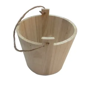 unfinished small wooden bucket /barrel with rope handle