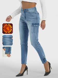 Jean slim droit taille haute pour femme, multi-poches, bleu uni, respirant, tendance, style rétro, idéal pour le travail - Product Image 1