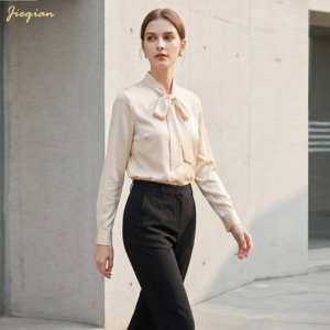 Elegante Camicetta in Chiffon con Fiocco per Ufficio, <span class=keywords><strong>Camicia</strong></span> <span class=keywords><strong>da</strong></span> Lavoro Professionale a Tinta Unita con Maniche Lunghe, Produzione Diretta OEM/ODM - Product Image 2
