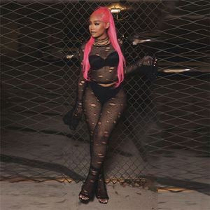 Hollow Sexy Women Two Piece Set Layering Hole O-Neck Hipster Crop Tops + Leggings Coquette Matching Midnight Clubwear - Product Image 5