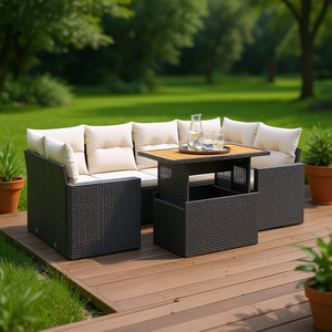 Cream White Garden <b>Sofa</b> Set With Table 6 Seater Outdoor <b>Rattan</b> Furniture Contemporary Design - Product Image 2