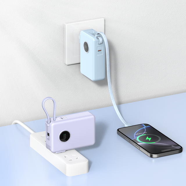 10000mAh PD22.5W LED Display Built-in AC Wall Plug Power Bank With Lanyard Charging Cable Power Bank