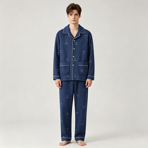 <b>Men's</b> 100% Cotton <b>Pajamas</b> Suit Red Long Sleeve Trousers Breathable Home Wear for Spring Autumn Loungewear <b>Set</b> for Adult Homewear - Product Image 3