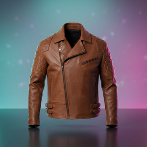 Veste de motard en cuir véritable pour homme, col rabattu, fermeture éclair, couleur unie, coupe ajustée, pour l'automne - Product Image 1