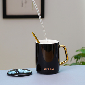 <b>Ceramic</b> Mug With Gold Handle And Lid Coffee <b>Cup</b> Set For Office Or Home Use - Product Image 3