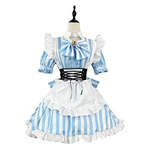 Japanese Akihabara Sweet Striped Maid Outfit Cosplay Lolita Style Plus Size Light Blue Polyester Costume - Product Image 5