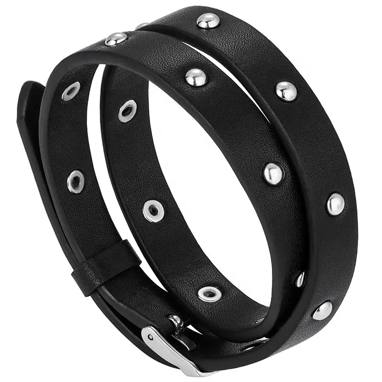2023 Amazon Hot Sale High Quality Gothic Women And Men Punk Black Leather Bracelet