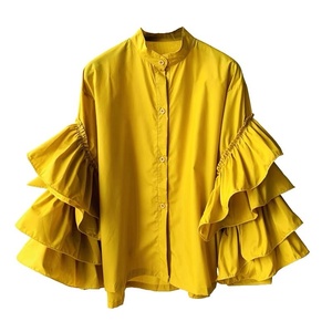 Top de verano para <span class=keywords><strong>mujer</strong></span> de moda Vintage americana europea, camisa de manga de cuerno con volantes multicapa, botón de cuello pequeño Joker Suelto - Product Image 1