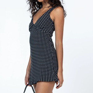 Robe noire et blanche à pois pour femmes, dentelle brodée, style vintage, décontractée, col en V, sans manches, mini-robe, dos noué, robe rétro - Product Image 2