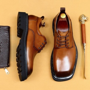 Chaussures habillées pour hommes en cuir véritable, bout carré, semelle épaisse, style Oxford, rehaussantes, pour le bureau et la carrière, toutes saisons, à lacets, semelle extérieure en caoutchouc - Product Image 2